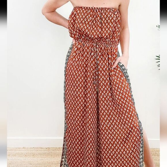Elan Strapless Moroccan Print Strapless Jumpsuit - Picture 1 of 13